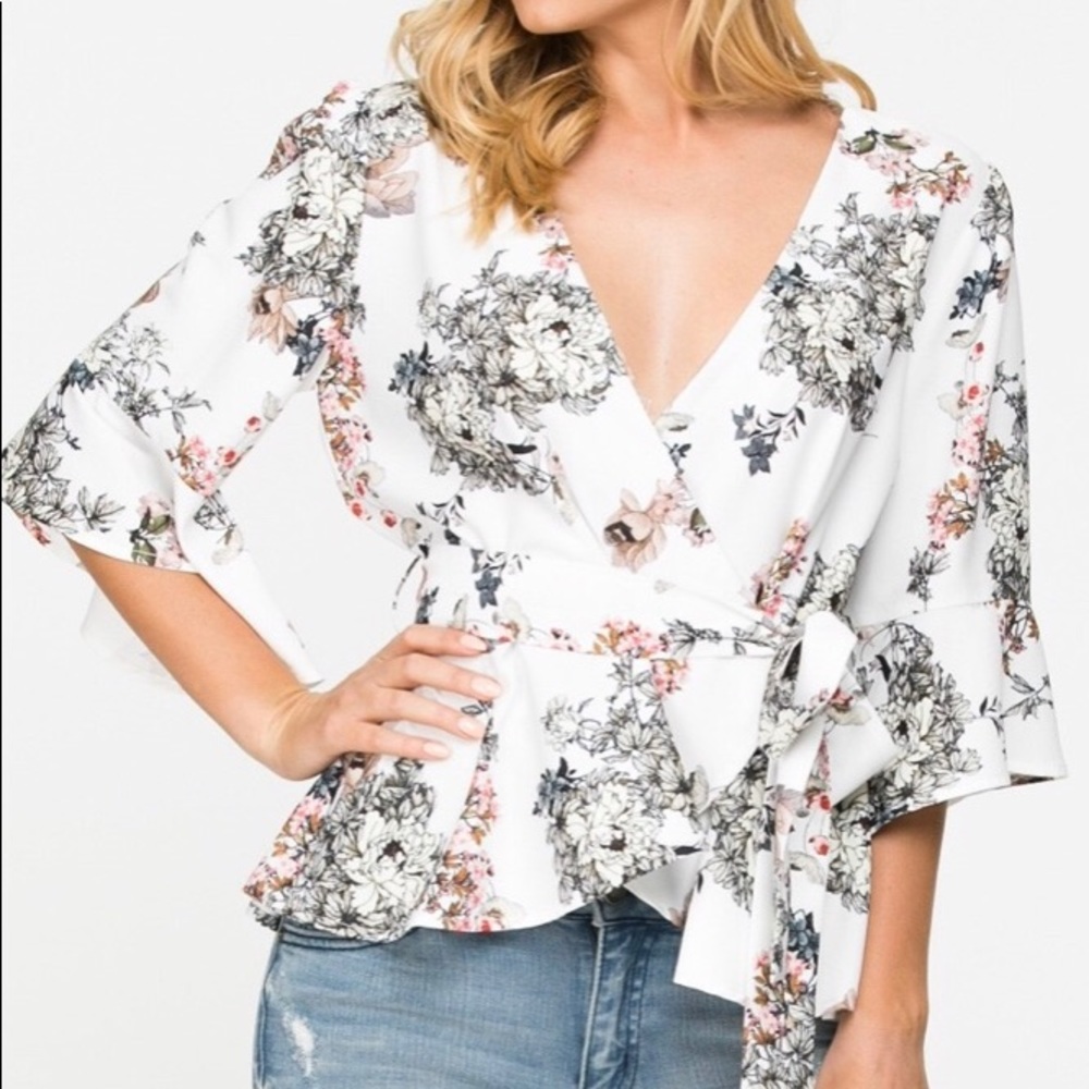 White & Floral Waist Tie Ruffle Sleeve Layer Wrap